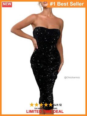Sparkly Sequin Strapless Midi Dress Bodycon Party Club